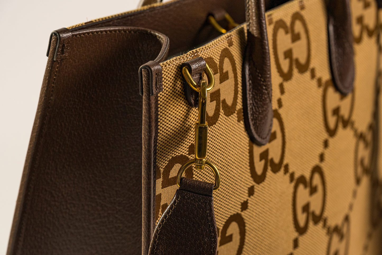 Monogram Jumbo GG Textured Dollar Calfskin Web Tote Bag Camel Ebony New Acero
