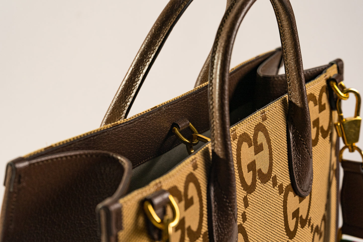 Monogram Jumbo GG Textured Dollar Calfskin Web Tote Bag Camel Ebony New Acero