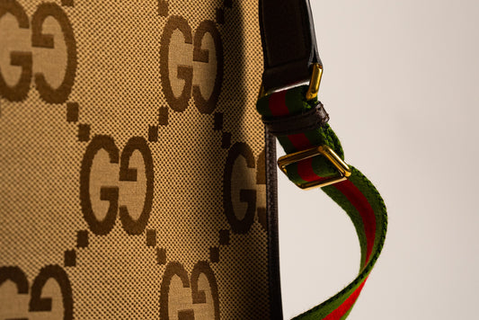 Monogram Jumbo GG Textured Dollar Calfskin Web Tote Bag Camel Ebony New Acero