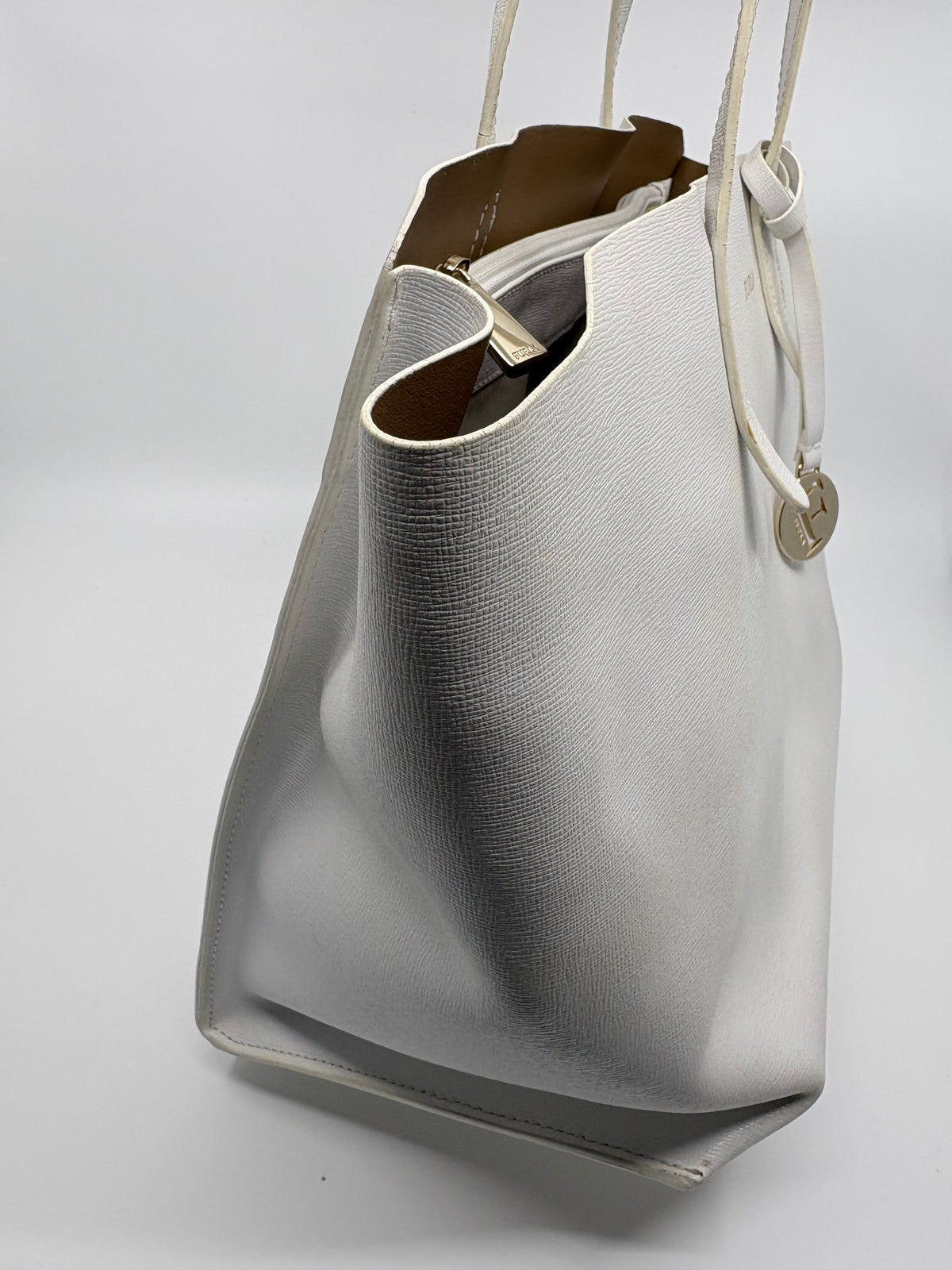 Furla White Textured Leather Tote Bag