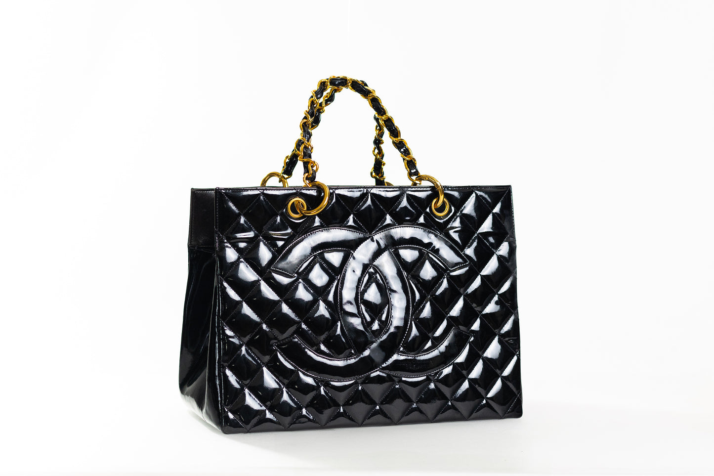 CHANEL CC Matelasse Shoulder Hand Tote Bag Patent Leather Black Vintage