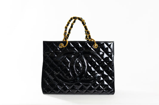 CHANEL CC Matelasse Shoulder Hand Tote Bag Patent Leather Black Vintage