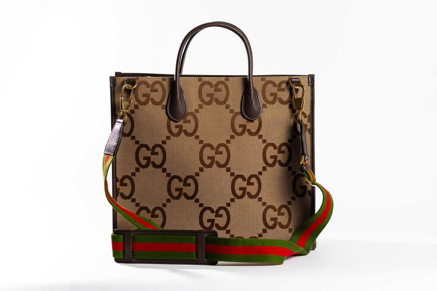 Monogram Jumbo GG Textured Dollar Calfskin Web Tote Bag Camel Ebony New Acero