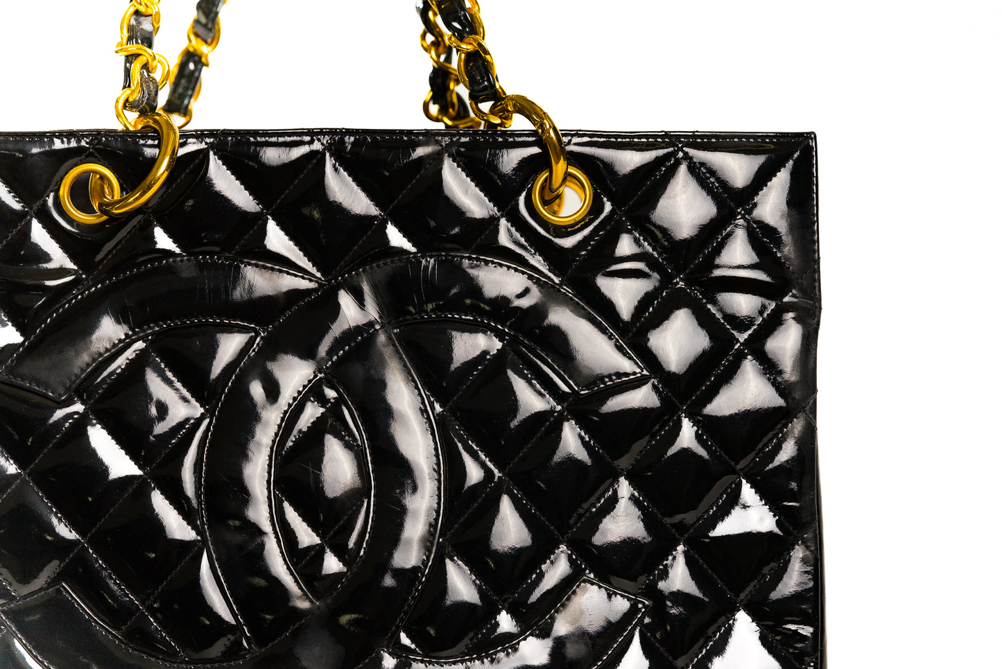 CHANEL CC Matelasse Shoulder Hand Tote Bag Patent Leather Black Vintage