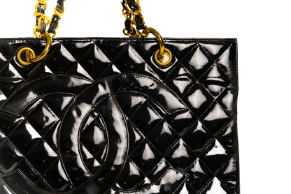 CHANEL CC Matelasse Shoulder Hand Tote Bag Patent Leather Black Vintage