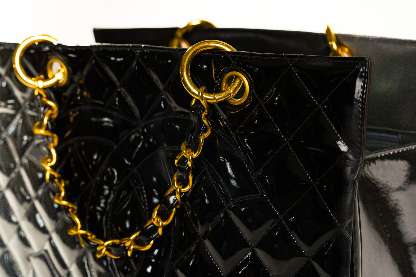 CHANEL CC Matelasse Shoulder Hand Tote Bag Patent Leather Black Vintage
