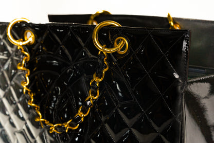 CHANEL CC Matelasse Shoulder Hand Tote Bag Patent Leather Black Vintage