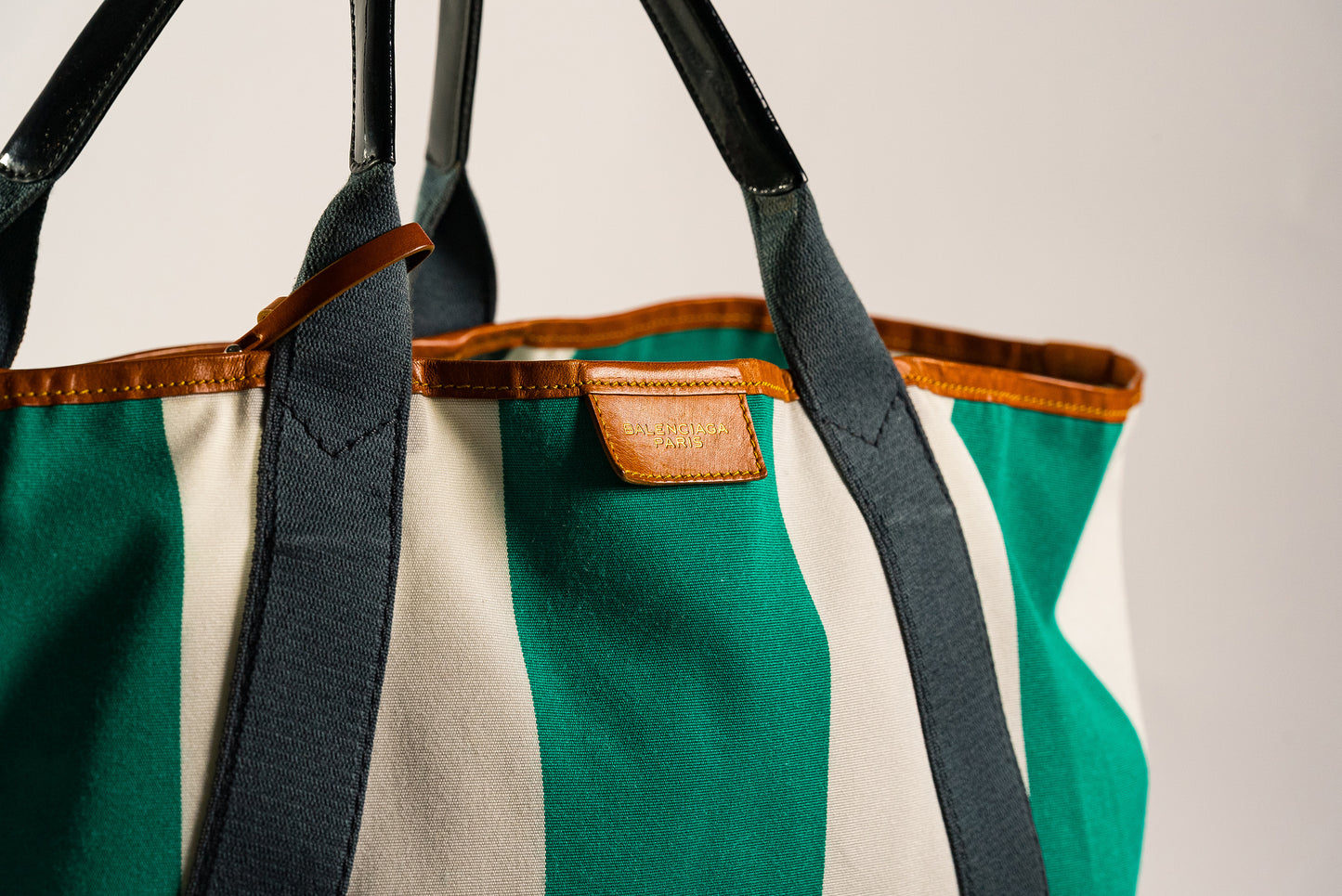 BALENCIAGA Green White Dark Gray Canvas Leather Tote Bag