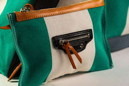BALENCIAGA Green White Dark Gray Canvas Leather Tote Bag