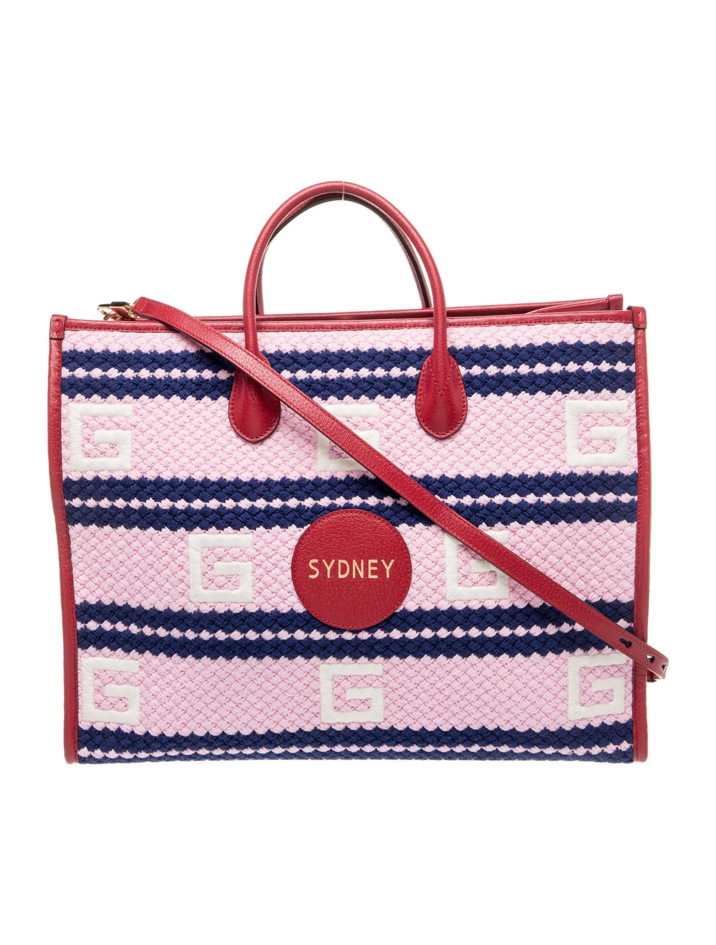 Gucci Fabric Embroidered Sydney Striped Tote Red & Pink