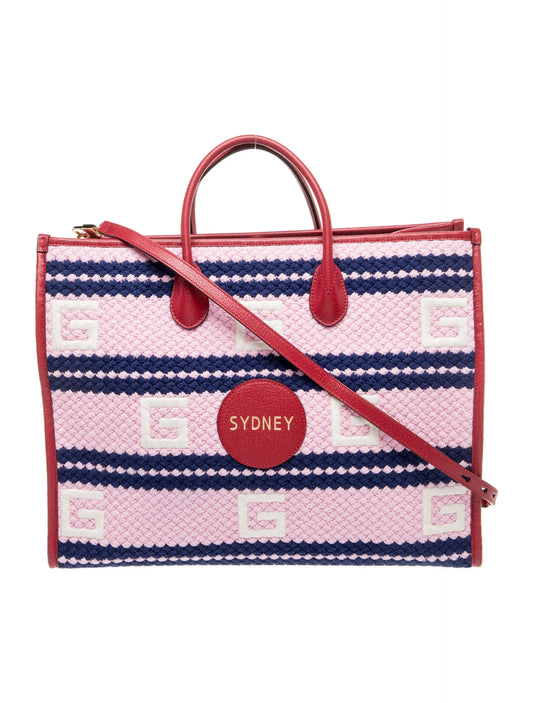 Gucci Fabric Embroidered Sydney Striped Tote Red & Pink