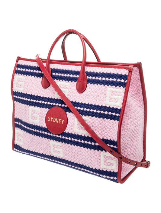 Gucci Fabric Embroidered Sydney Striped Tote Red & Pink