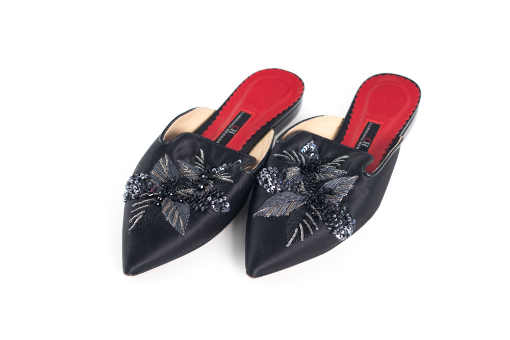 CAROLINA HERRERA BLACK SATIN EMBELLISHED MULE SANDALS