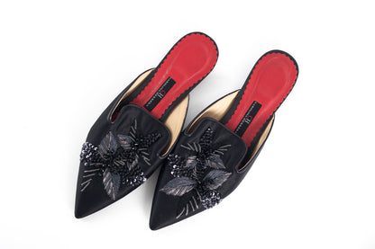 CAROLINA HERRERA BLACK SATIN EMBELLISHED MULE SANDALS