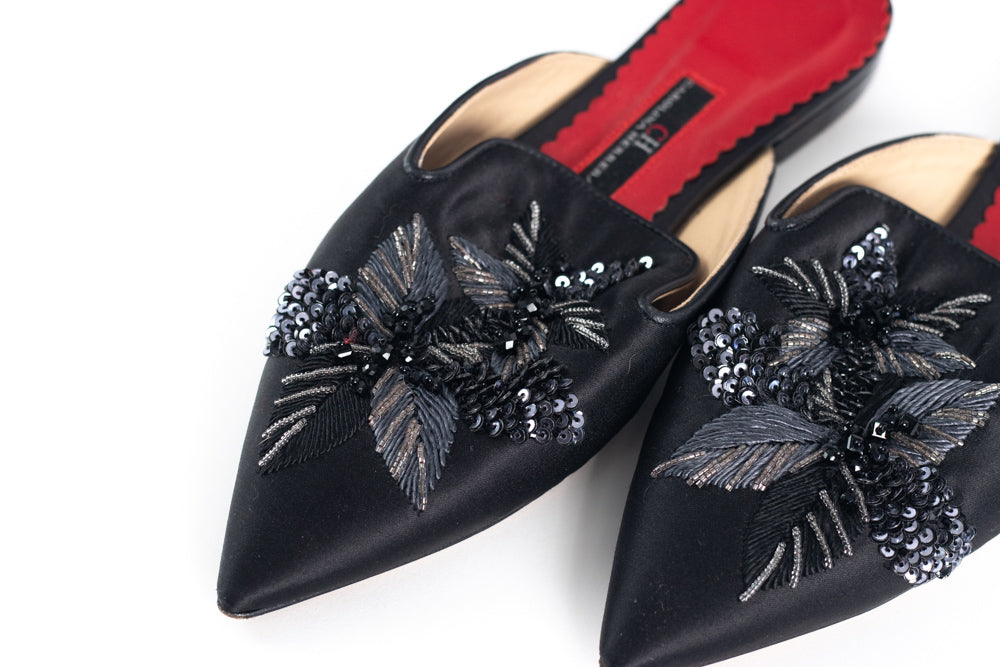 CAROLINA HERRERA BLACK SATIN EMBELLISHED MULE SANDALS