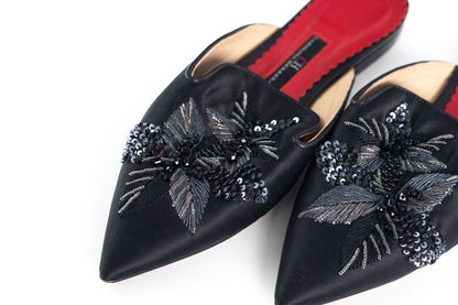 CAROLINA HERRERA BLACK SATIN EMBELLISHED MULE SANDALS