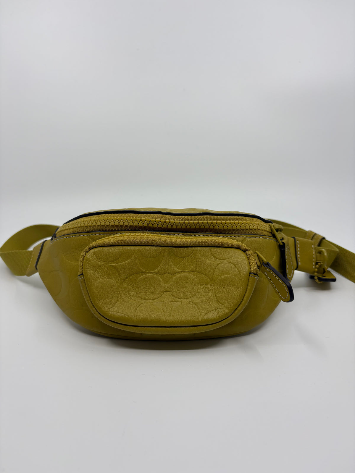 Coach Signature Debossed Leather Belt Bag / Crossbody – Olive / Mustard