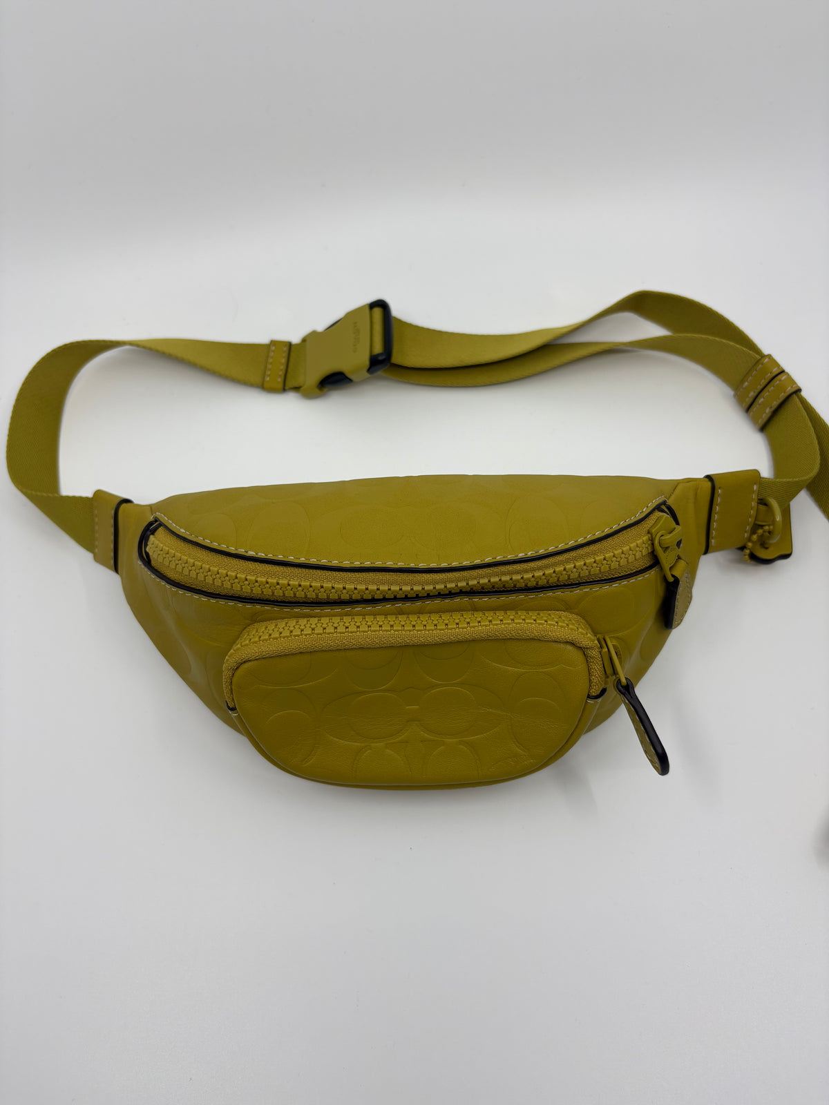 Coach Signature Debossed Leather Belt Bag / Crossbody – Olive / Mustard