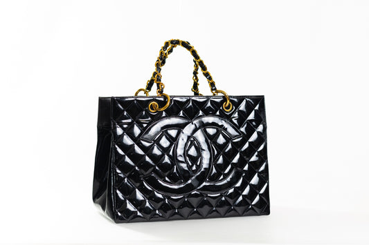 CHANEL CC Matelasse Shoulder Hand Tote Bag Patent Leather Black Vintage