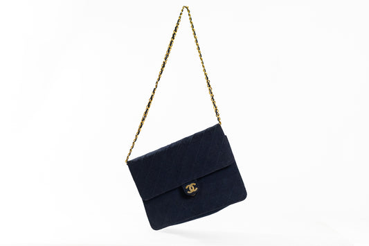 CHANEL CC Logo Matelasse 25 Chain Shoulder Bag Canvas Leather Navy Blue France GHW  