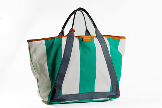 BALENCIAGA Green White Dark Gray Canvas Leather Tote Bag