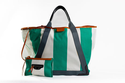 BALENCIAGA Green White Dark Gray Canvas Leather Tote Bag