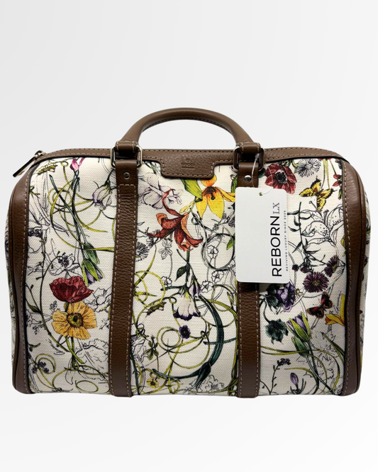 Gucci White Infinity Flora Canvas Medium Boston Bag