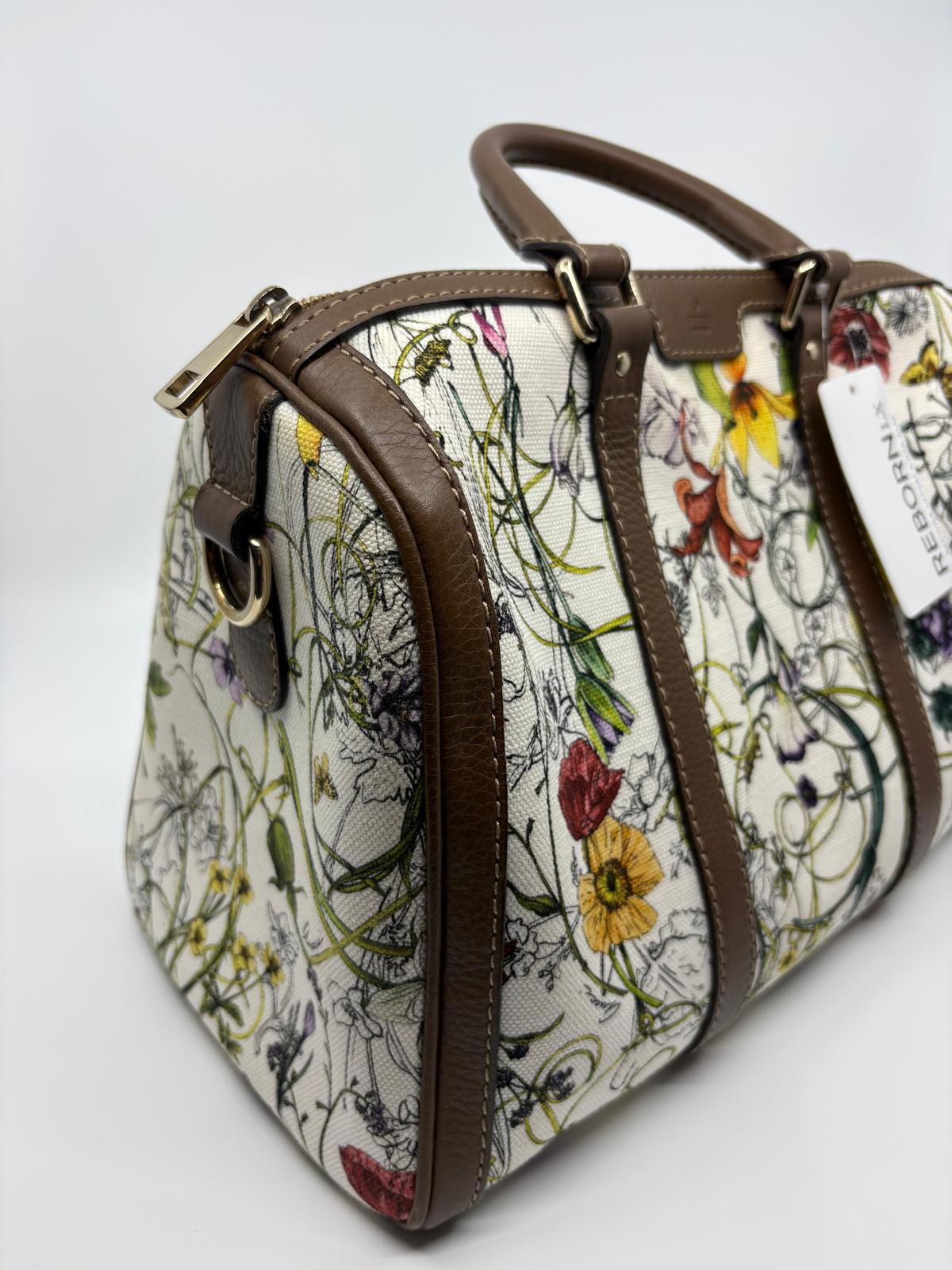 Gucci White Infinity Flora Canvas Medium Boston Bag
