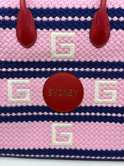 Gucci Fabric Embroidered Sydney Striped Tote Red & Pink