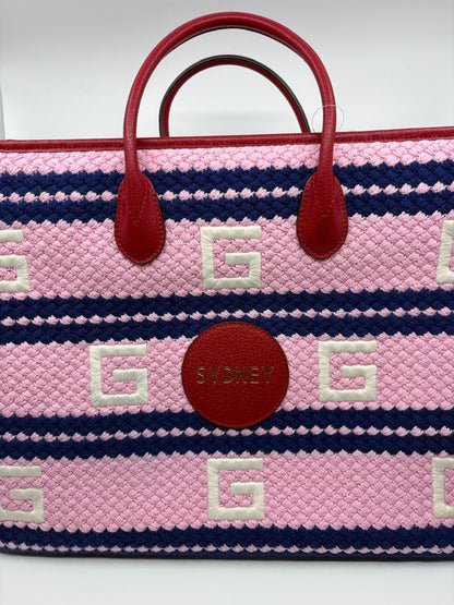 Gucci Fabric Embroidered Sydney Striped Tote Red & Pink